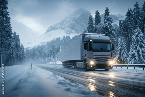 A large semi truck is driving down a snowy road. logistic concept