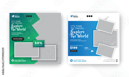 Travel the world social media post web banner marketing flyer design template