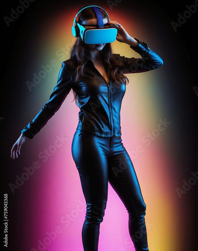 Woman in VR Headset on Black Background: Colorful Holographic Gradient on Full Body