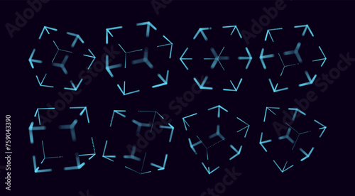 Collection of Cube Wireframe 3D Objects. Polygonal Cubes. Vector Illustration. Graphic Cubic Cages for FUI HUD Retrowave Style Graphic Design.