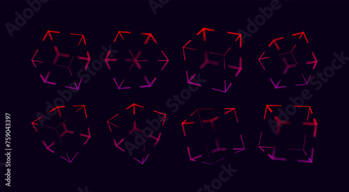 Collection of  Red Cube Wireframe 3D Objects. Polygonal Cubes. Vector Illustration. Graphic Cubic Cages for FUI HUD Retrowave Style Graphic Design.