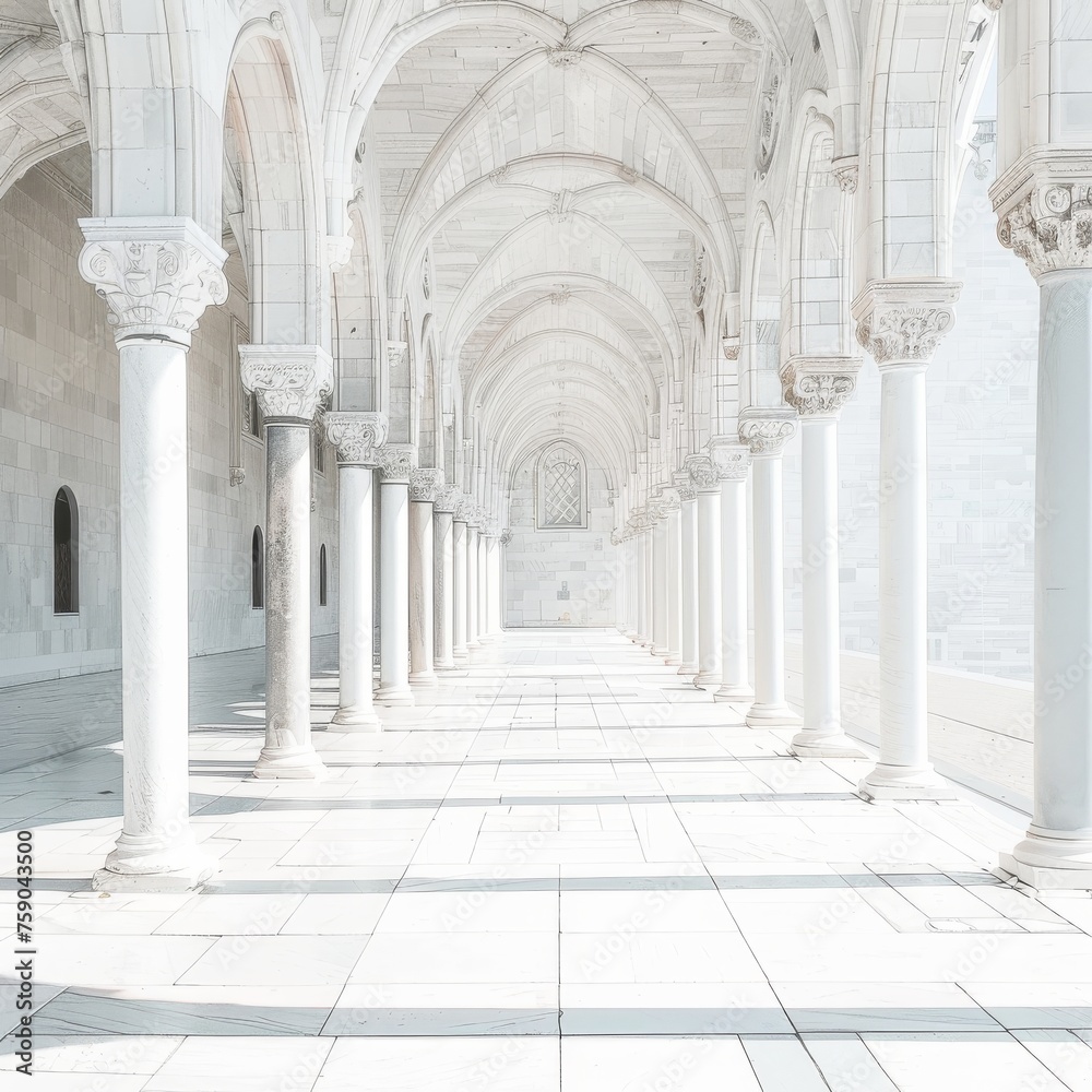 Minimalist white marble walkway poles casting shadows towards a cathedral arch