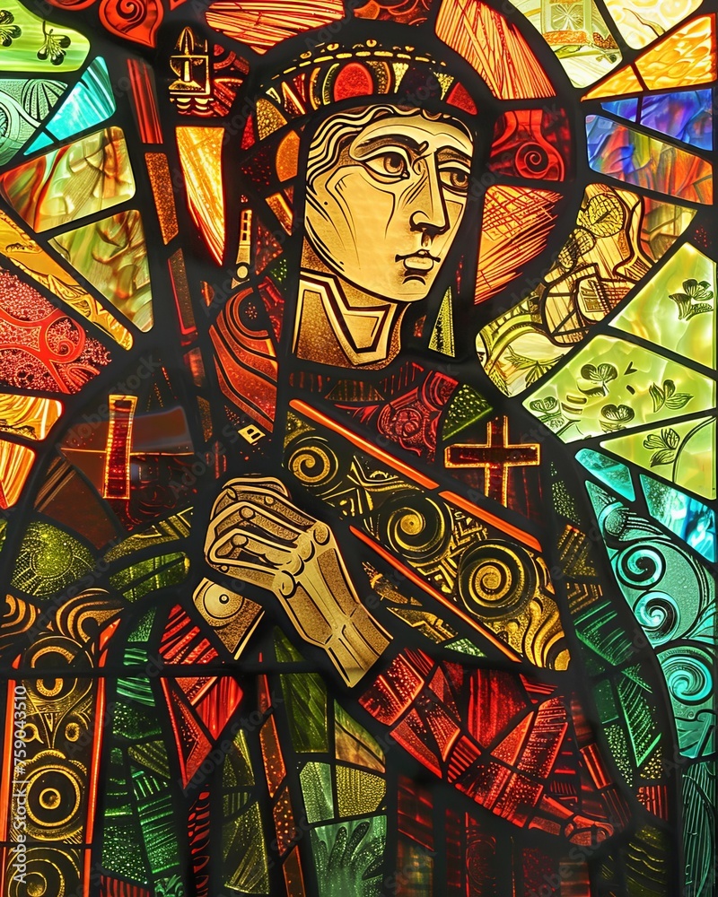 Stained glass portrait of a patron saint a vivid homage to divine guardianship