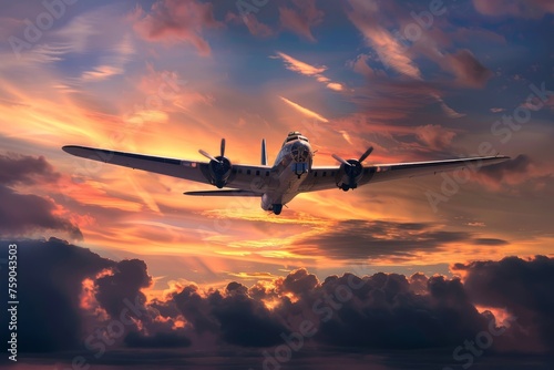 An ethereal sunset setting the stage for a majestic fighter plane in flight