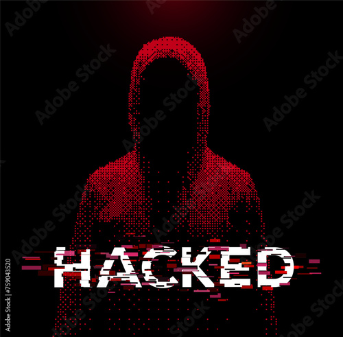 HACKED. Anonymous Person in Hood Pixel Art. Mysterious Man with Hoodie Silhouette. Personal Data Security Illustration. Vector Background.