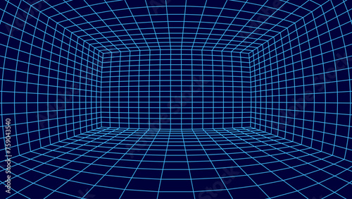 Synthwave Grid VR 3D Room with Fisheye Lens Effect. Grid Frame Retrowave Party Flyer Background. Abstract Digital Background. Vintage Computer Virtual Reality VR Tunnel Technology Vector Illustration.