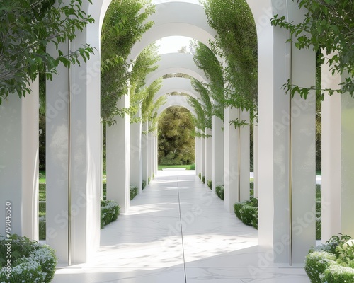 Cathedral garden arch in marble minimalist paths weaving through greenery