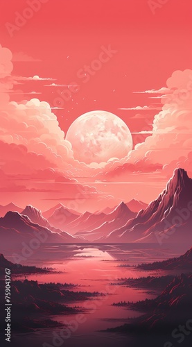 a pink sky with clouds and mountains