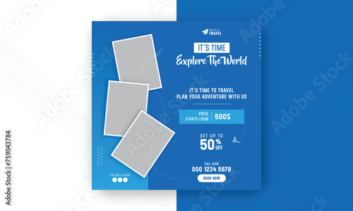 Travel the world social media post web banner marketing flyer design template