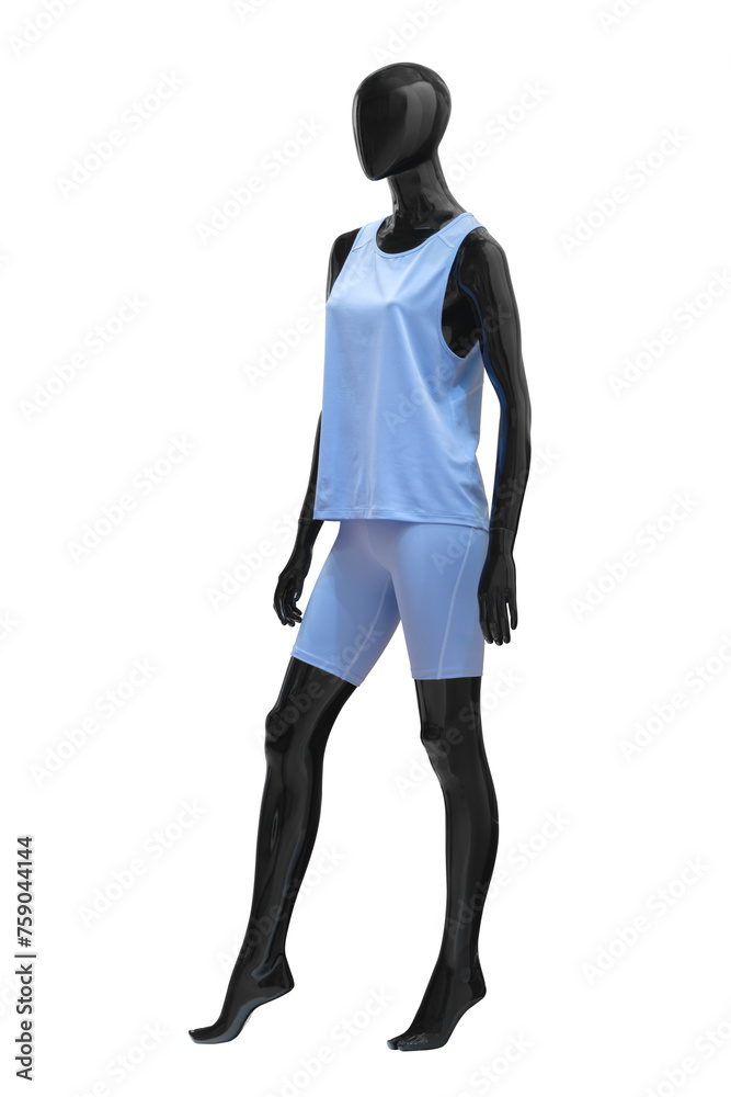 Female mannequin of a young athletic woman in blue sportswear isolated on white background