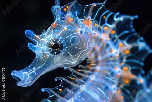 The marine seahorse glows with luminescent against of the dark sea professional photography