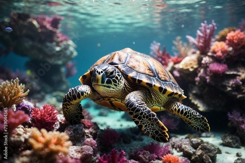 Turtle Swimming among Colorful Coral Reef: Underwater World of Mysterious Beauty