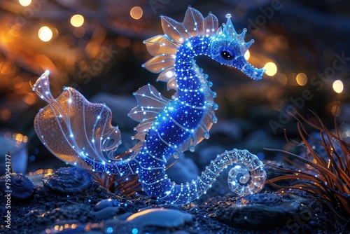 The marine seahorse glows with luminescent against of the dark sea professional photography