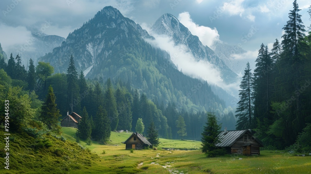 Landscape, fir trees, mountains, no trees in the foreground, small huts.