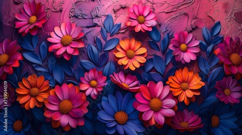 a painting of a bunch of flowers on a pink background with blue, orange, and pink petals on the petals.