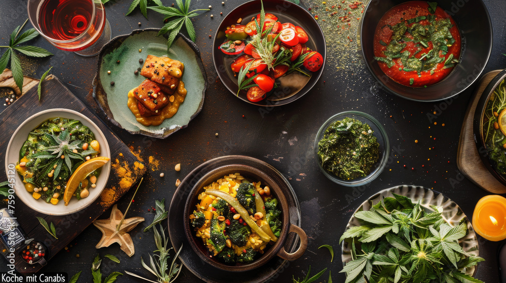 A diverse collection of cannabis-infused dishes presented in a tantalizing flat lay composition