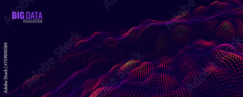 Digital Data Flow Vector Background. Big Data Technology Particles. Tech Business Backdrop. Dots Grid Waves Landscape. Information Flow in Virtual Reality Cyberspace. Vector Illustration.