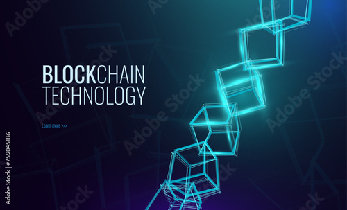 Blockchain Technology Abstract 3D Cubes Blocks Background. Crypto Currency, Fintech Concept. 3D Wireframe Blocks Network Connections. Future Finance System Concept. Vector Illustration.
