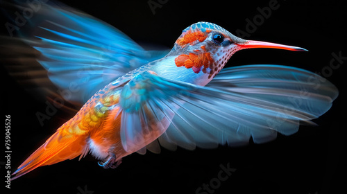 The hummingbird's rapid wing beats are frozen in time, showing off its vivid plumage and delicate features © Daniel