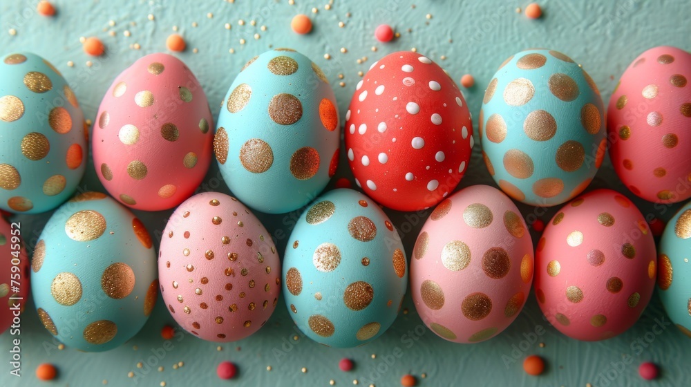 a group of painted eggs sitting next to each other on top of a blue and pink surface with gold dots.