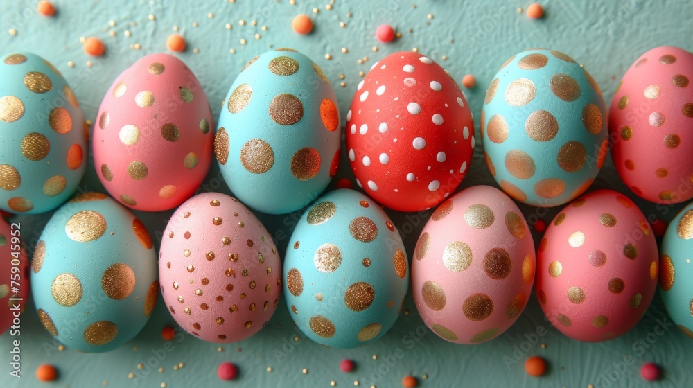 a group of painted eggs sitting next to each other on top of a blue and pink surface with gold dots. a group of painted eggs sitting next to each other on top of a blue and pink surface with gold dots.