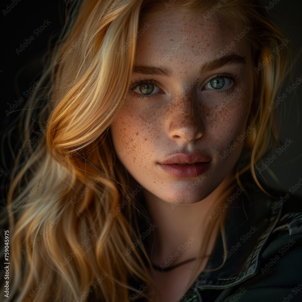 A high-quality portrait featuring a young woman with striking blue eyes and freckled complexion against a dark backdrop