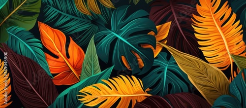 Abstract seamless pattern with colorful tropical leaves for design. Bright summer background featuring jungle foliage. Botanical swimwear design with a vintage touch.