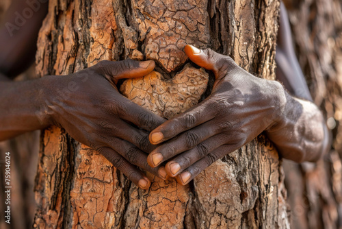 African woman's arms embrace a tree with a heart. Concept of forest and nature conservation.