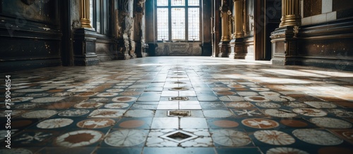 Weathered ornamental tiled floor inside old building