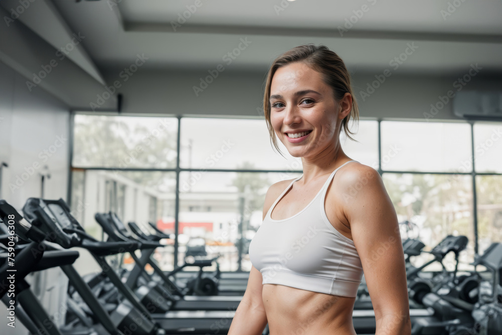 Cheerful Fit Young Woman Smiling in a Modern Gym During an Early Morning Workout Cheerful Fit Young Woman Smiling in a Modern Gym During an Early Morning Workout