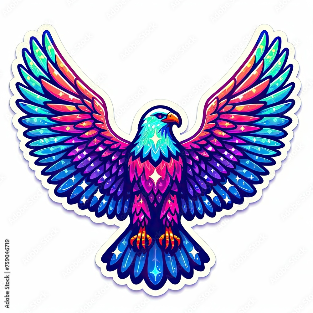 Obraz premium sticker design of a front facing eagle with rainbow colored wings flying isolated on white background