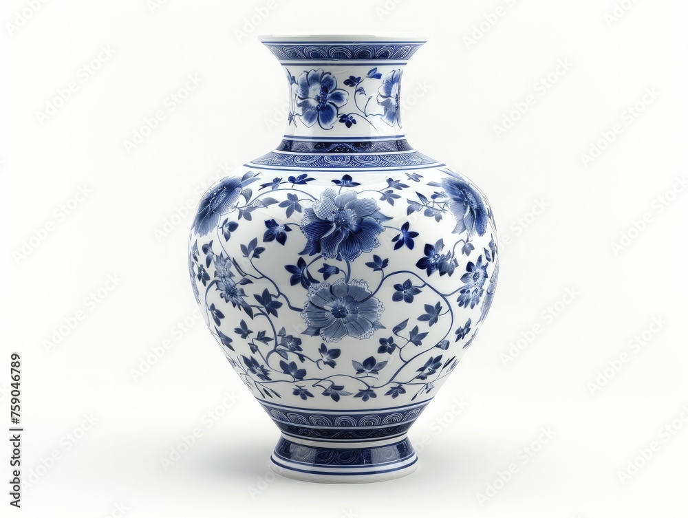 A classic blue porcelain vase sits against an isolated white background, exuding timeless elegance and charm.