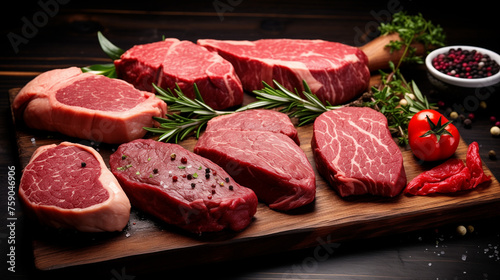 Variety of Raw Black Angus Prime meat steaks Machete, Blade on bone, Striploin, Rib eye, Tenderloin fillet mignon on wooden board copy space