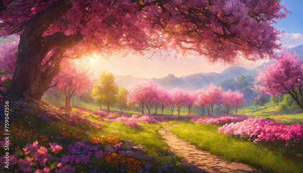 Beautiful evening colorful spring landscape with pink trees and blooming highlans valley
