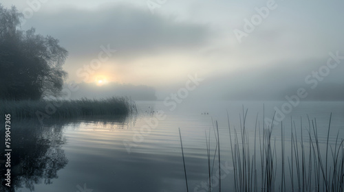 Serene misty morning at a lake with the sun rising through the fog and reeds in the foreground © Daniel