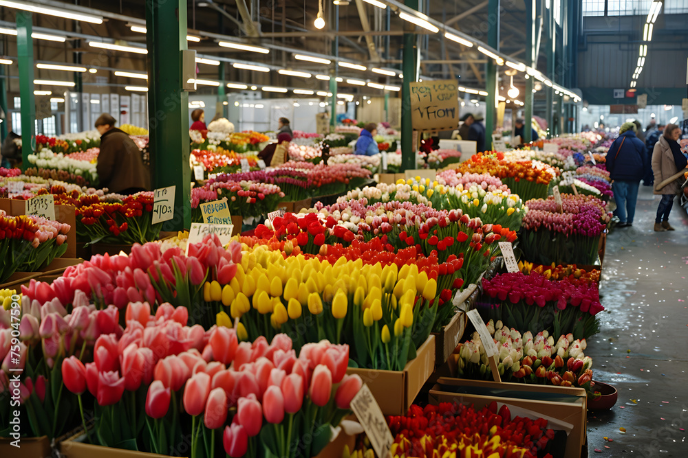 Colorful tulips in the  big market.