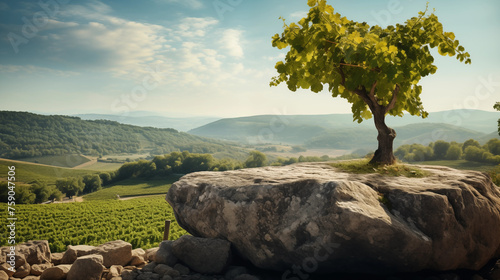 Stone podium vith grape tree on the background of France. Vineyard Landscape. Product placement. Generative AI	 photo