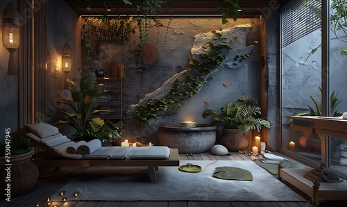 a virtual escape with AI 3D rendering, portraying a modern spa treatment room in the style of Daz3D, adorned with grey furniture and walls, enchanting lighting,  photo