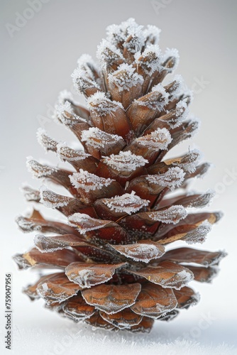 A single, frost-covered pine cone isolated on a white background. photo