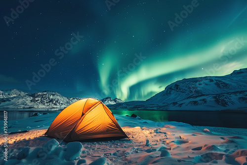 colorful polar lights in an arctic landscape. Beautiful aurora borealis