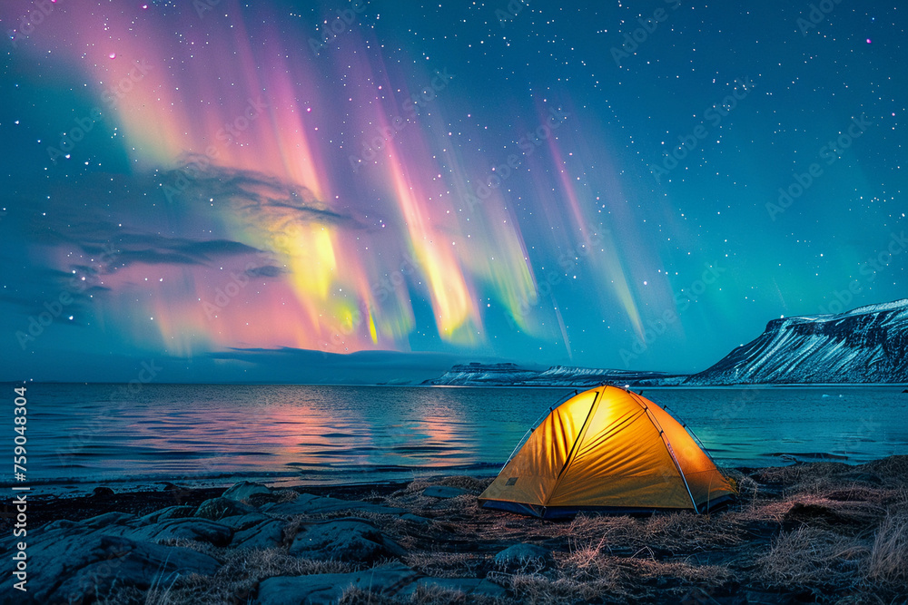 A glowing yellow camping tent under a beautiful northern lights aurora. travel adventure concept. - obrazy, fototapety, plakaty 