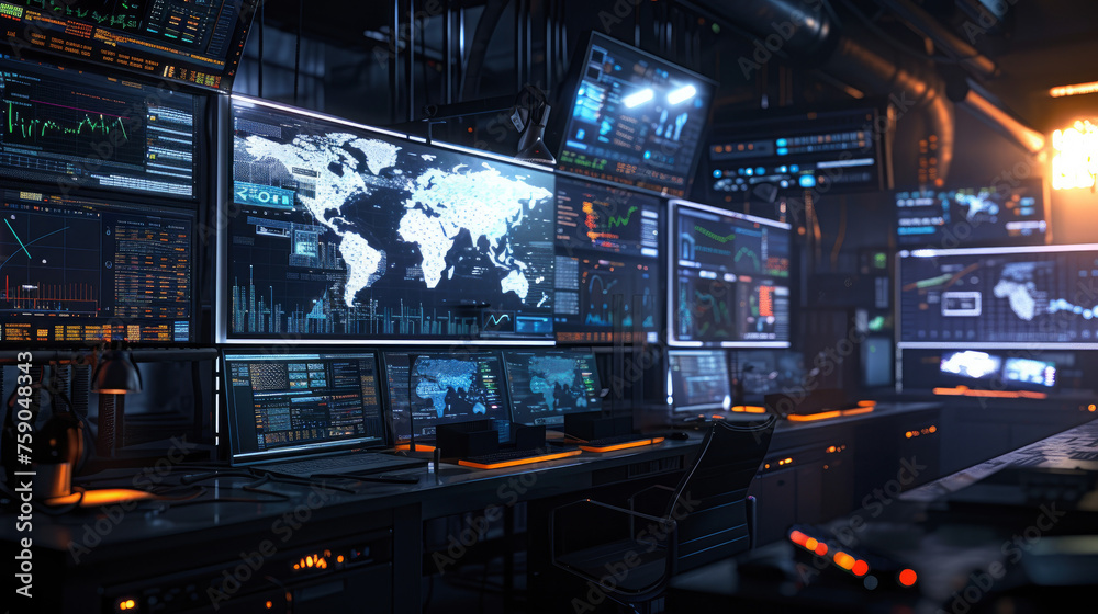 A computer room with many monitors and a large screen. The monitors are all lit up and show various data and information. The room has a futuristic and high-tech vibe, with the screens A computer room with many monitors and a large screen. The monitors are all lit up and show various data and information. The room has a futuristic and high-tech vibe, with the screens