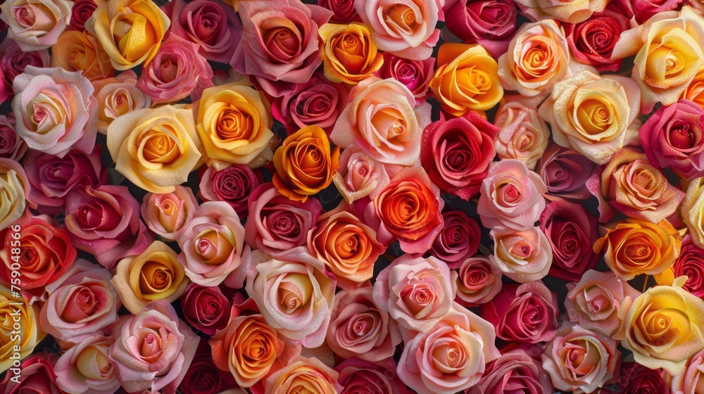 Red, white, yellow, pink roses in full bloom, background, top view Red, white, yellow, pink roses in full bloom, background, top view