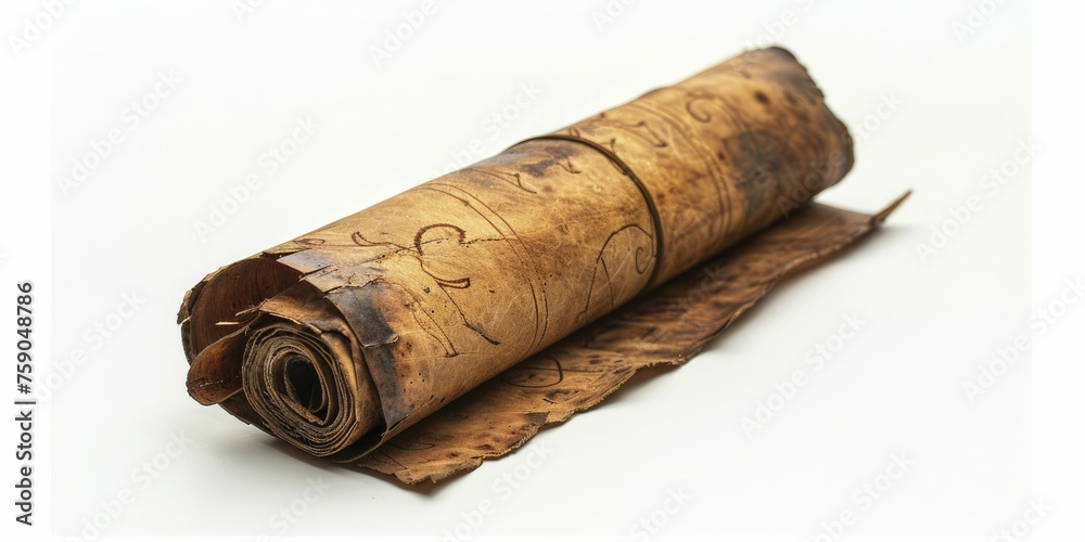 An old scroll, tightly rolled, lies against a stark white backdrop.