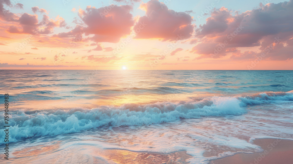 An early sunrise brings to life the colors of the dawn sky as gentle waves touch the sandy beach, invoking feelings of a new beginning - obrazy, fototapety, plakaty 