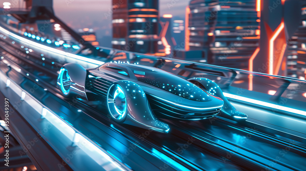 A sleek future concept car with glowing elements rides on a city track with skyscrapers and neon lights A sleek future concept car with glowing elements rides on a city track with skyscrapers and neon lights