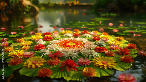 Onam is a traditional harvest festival celebrated in Kerala, India, with colorful floral decorations, traditional feasts, and cultural performances, commemorating the return of King Mahabali photo