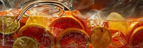 A close-up of vibrant citrus slices swirling in a glass teapot, capturing the essence of zesty freshness