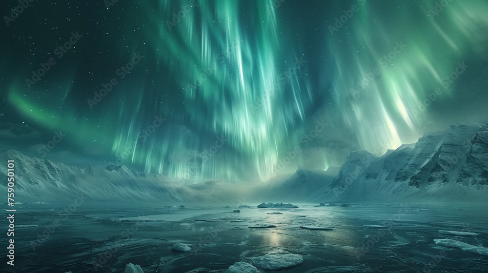 green polar lights in an arctic landscape. Beautiful aurora borealis