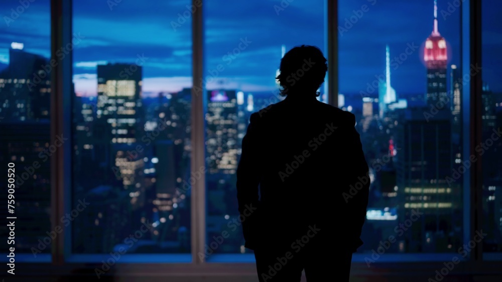Successful business man in the office. Man ceo hedge fund top manager in front of window with evening city view standing looking outside. Successful business man in the office. Man ceo hedge fund top manager in front of window with evening city view standing looking outside.